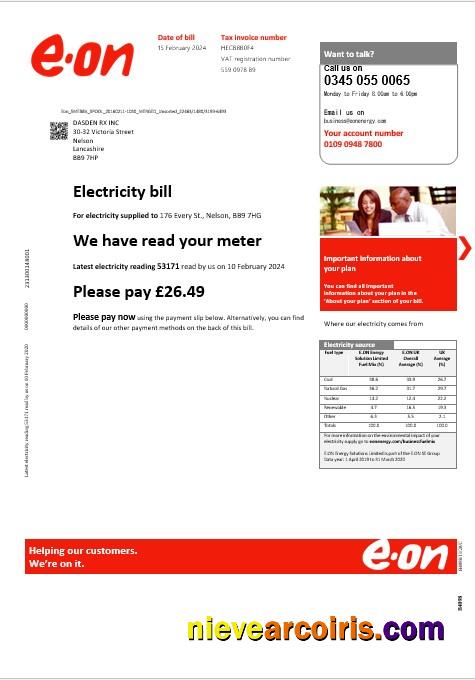 United Kingdom E.ON business utility bill, version 3